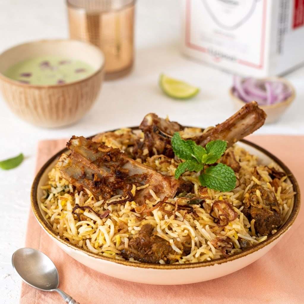Mutton Tawa Hydrabadi Biryani (with Raita)