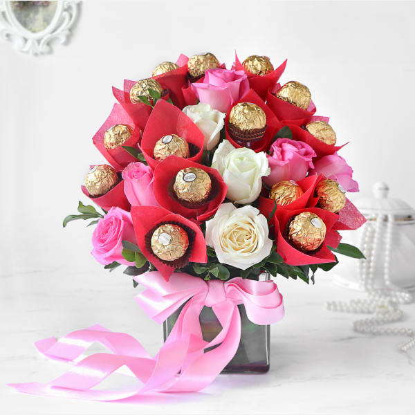 Arrangement of flowers with Ferrero rocher